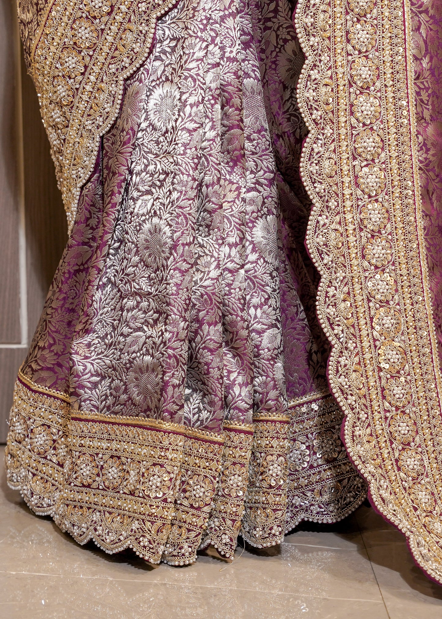 Wine Green Silk Bead Embroidered Border Saree with Unstitched Blouse