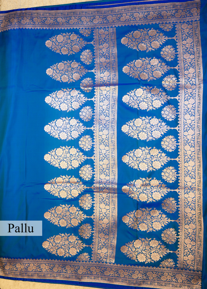Peacock Blue Banarasi Kattan Silk Zari Border with Unstitched Blouse