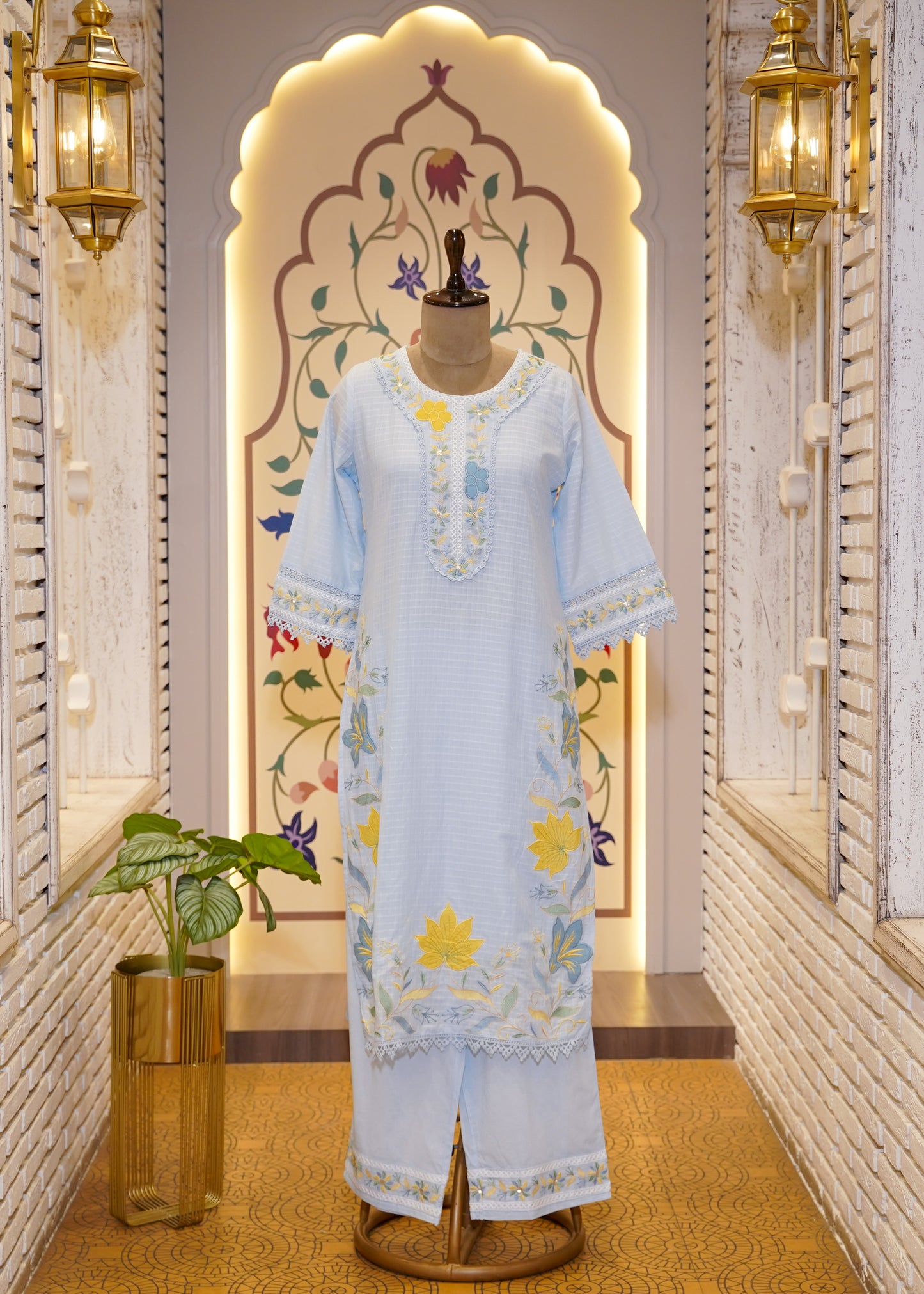 Powder Blue Check Cotton 3 pc Kurti Set