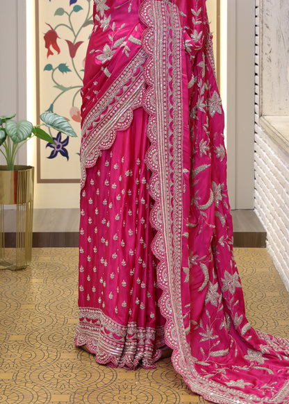 Gulzaar Pink Zari & Mooti Heavy Scallop Border Saree with Unstitched Blouse