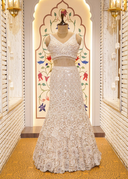 Beige Bead Embroidered Crop Top Fish Cut Skirt Set