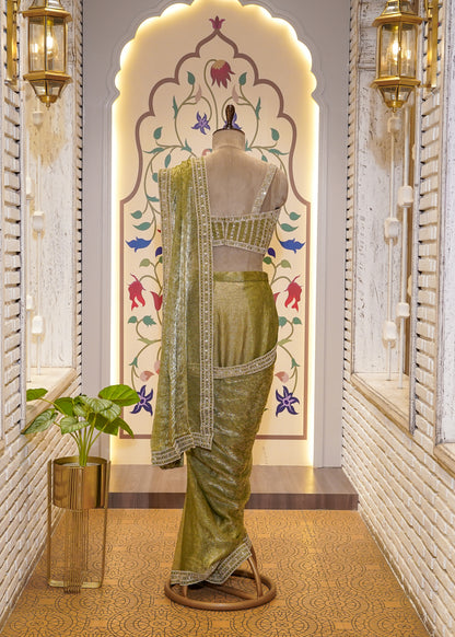 Pista Green Crush Tissue Drape Saree with Corset Embroidered Blouse