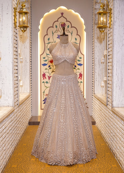 Beige Bead Embroidered Crop Top Skirt Set