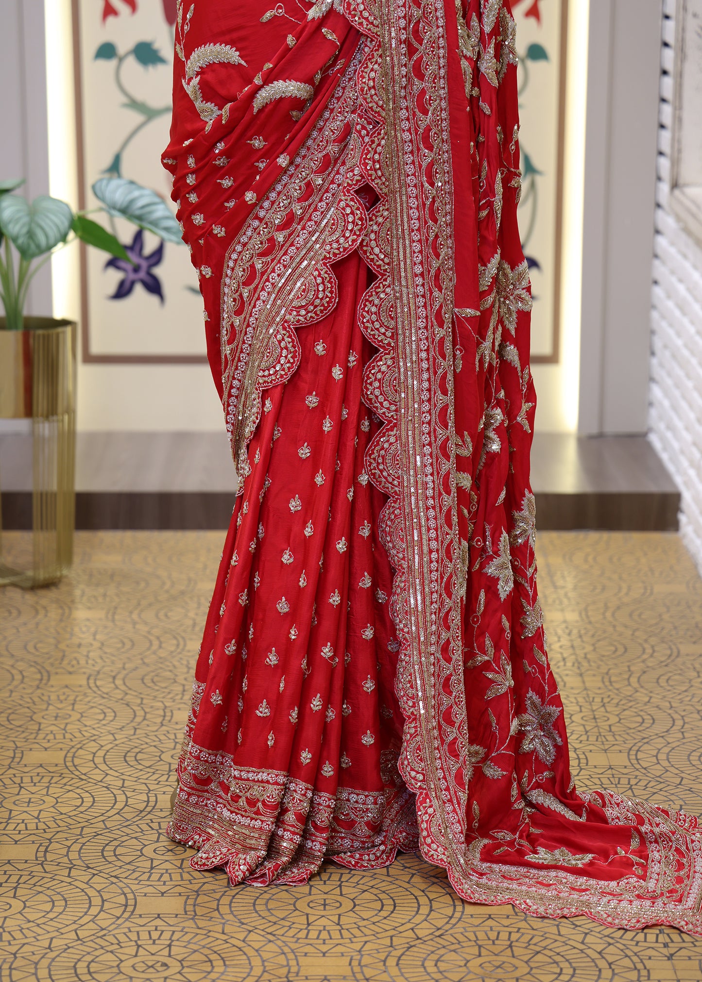 Gulzaar Red Zari & Mooti Heavy Scallop Border Saree with Unstitched Blouse