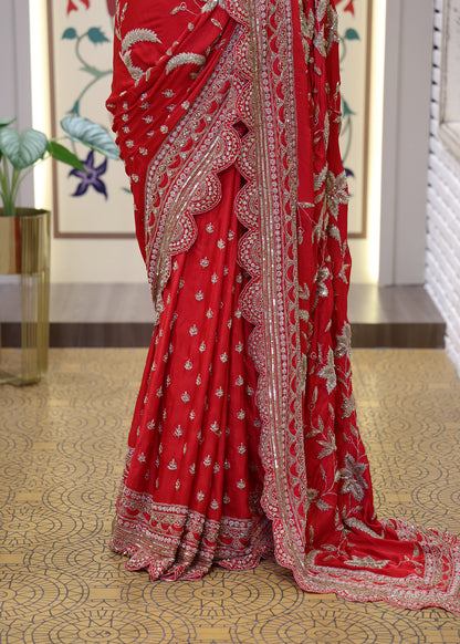 Gulzaar Red Zari & Mooti Heavy Scallop Border Saree with Unstitched Blouse