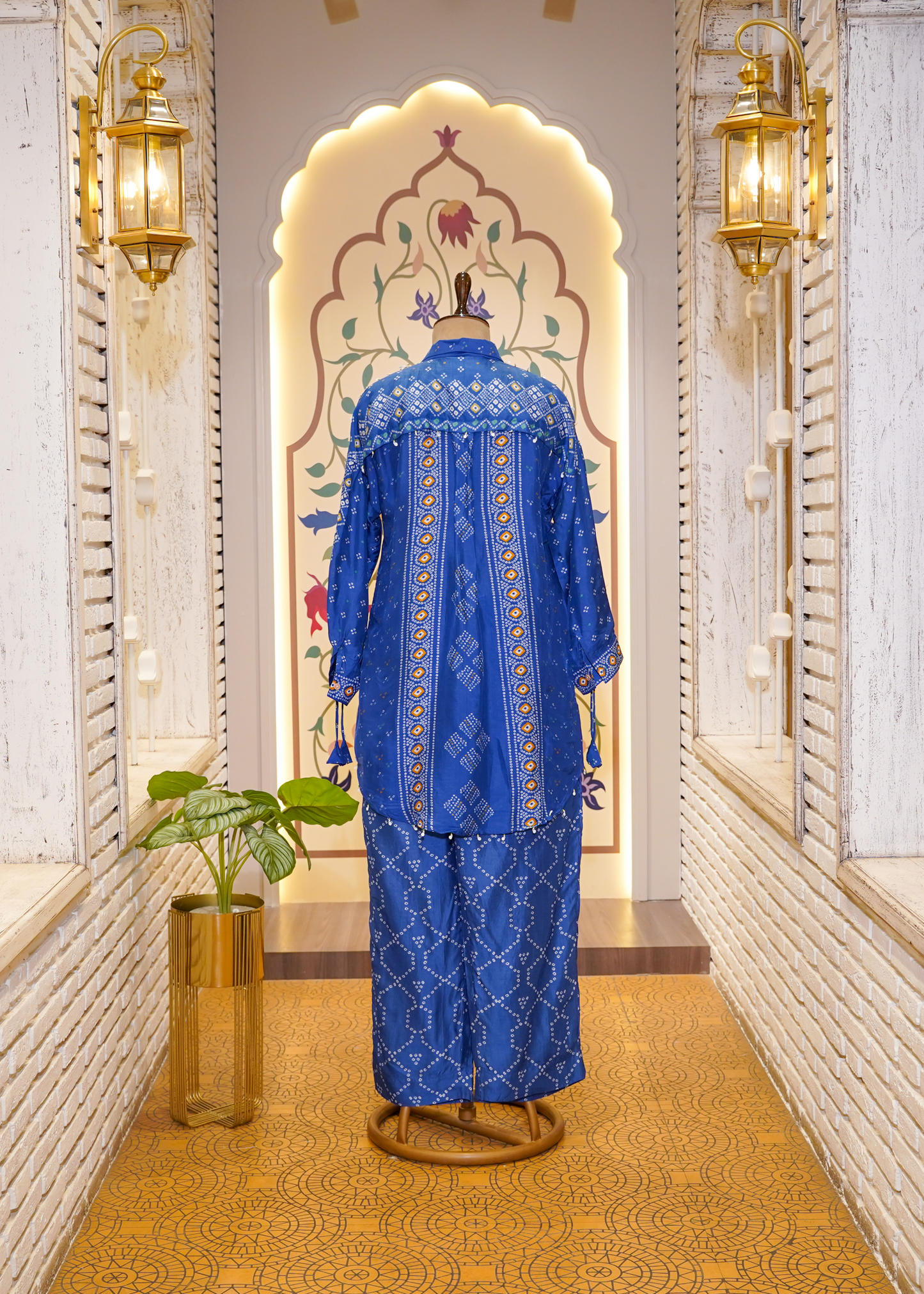 Electric Blue Printed Silk Co-ord Set with Collars