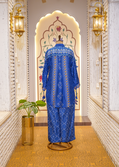 Electric Blue Printed Silk Co-ord Set with Collars