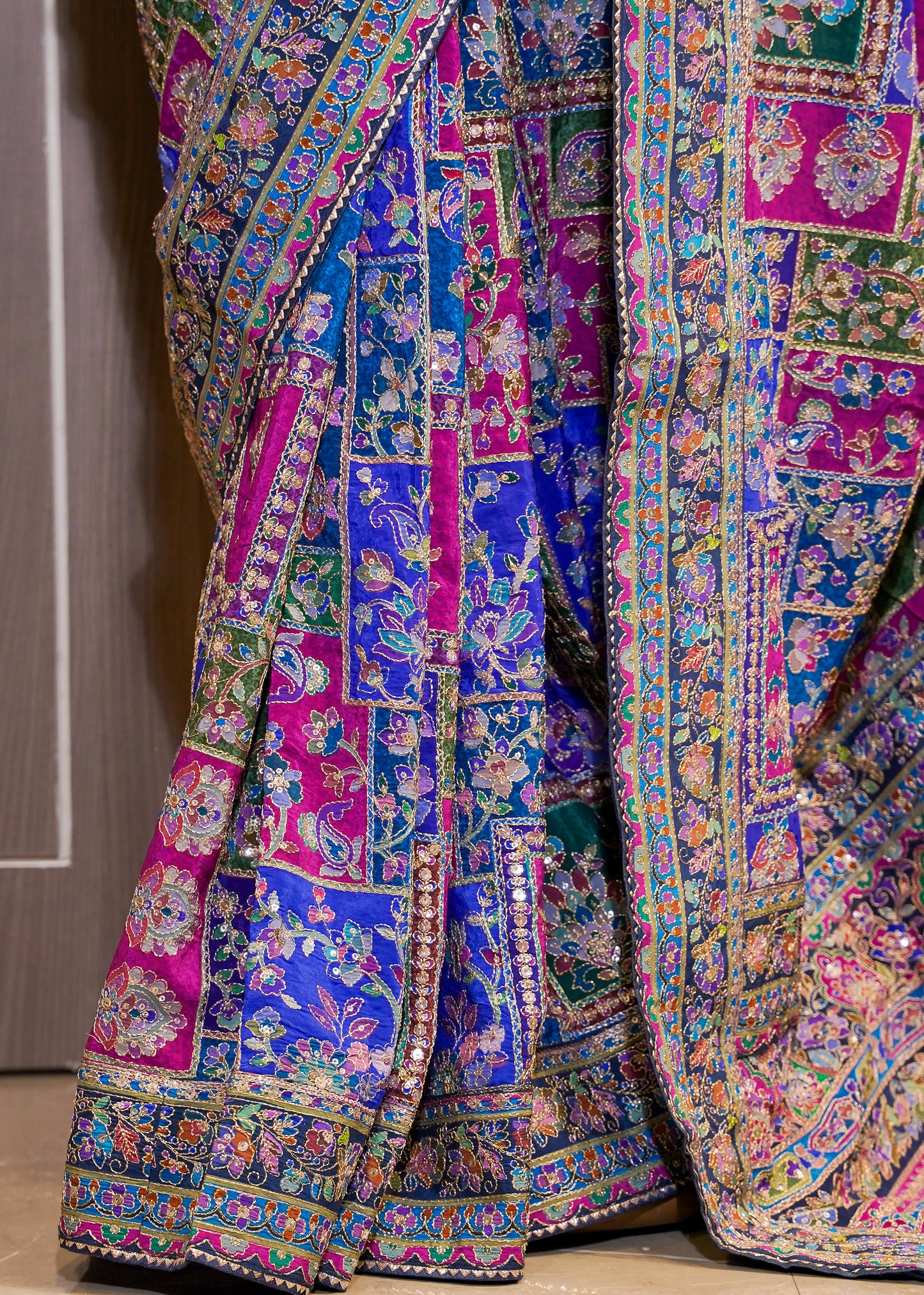 Blue Printed Zari Embroidered Designer Saree with Stitched Blouse