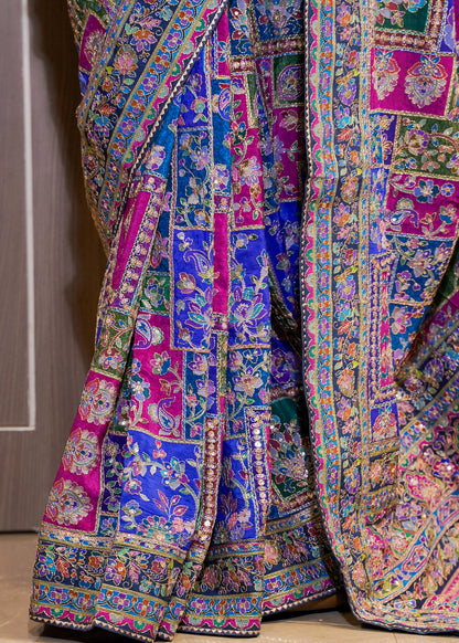 Blue Printed Zari Embroidered Designer Saree with Stitched Blouse