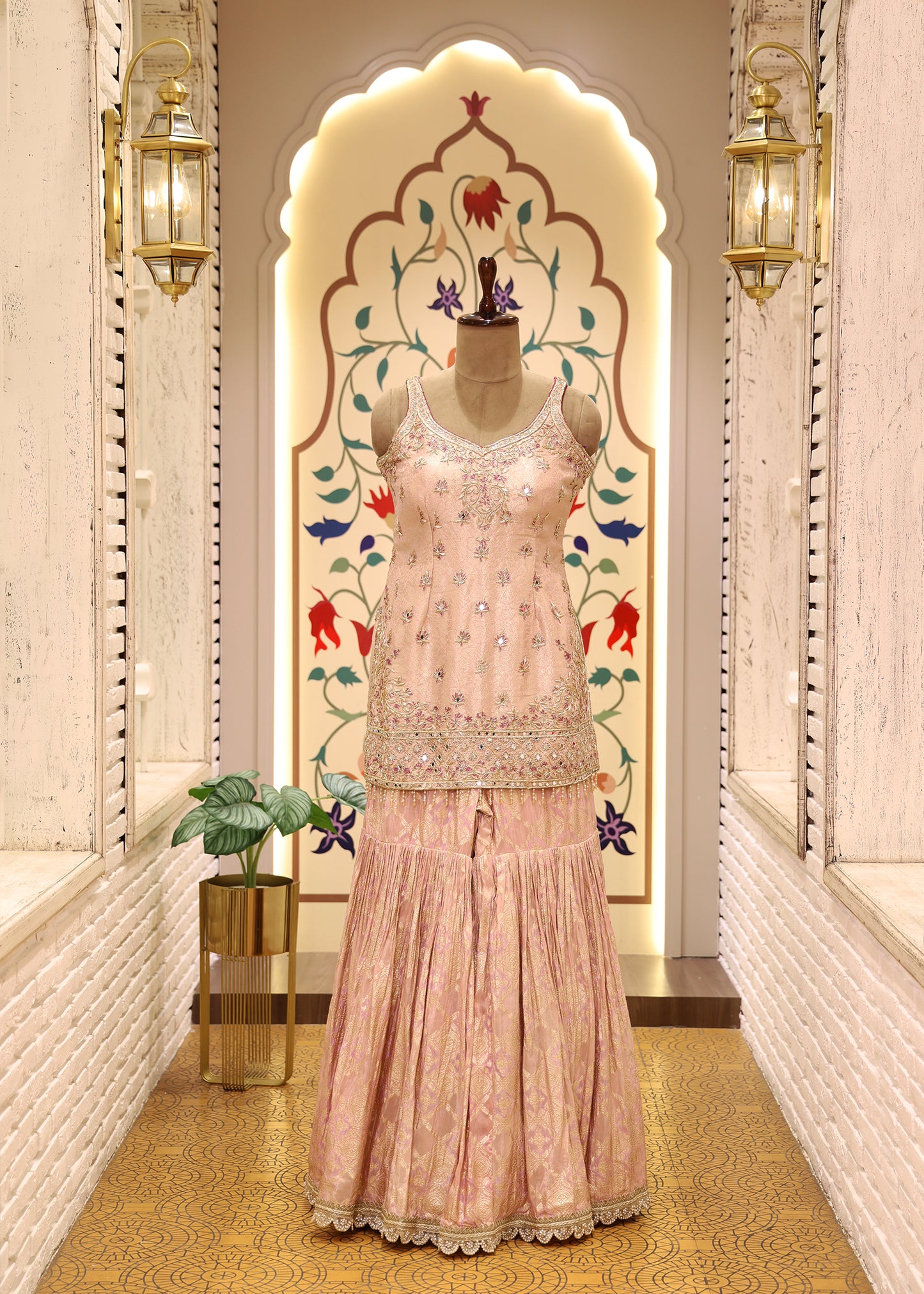 Moti Pearl Pink Short Kurti Sharara Set