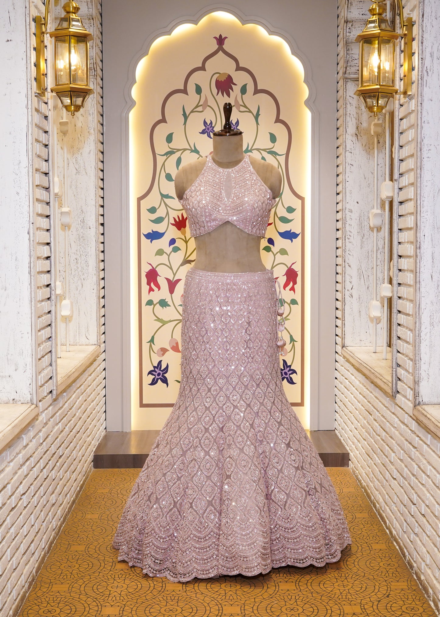 Baby Pink Bead Embroidered Crop Top Fish-cut Skirt Set