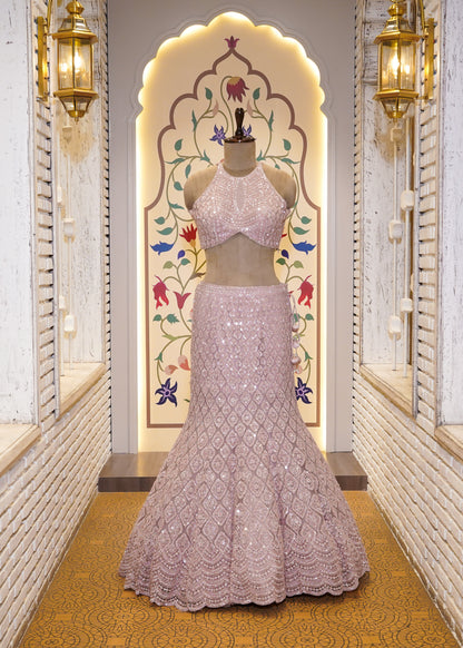 Baby Pink Bead Embroidered Crop Top Fish-cut Skirt Set