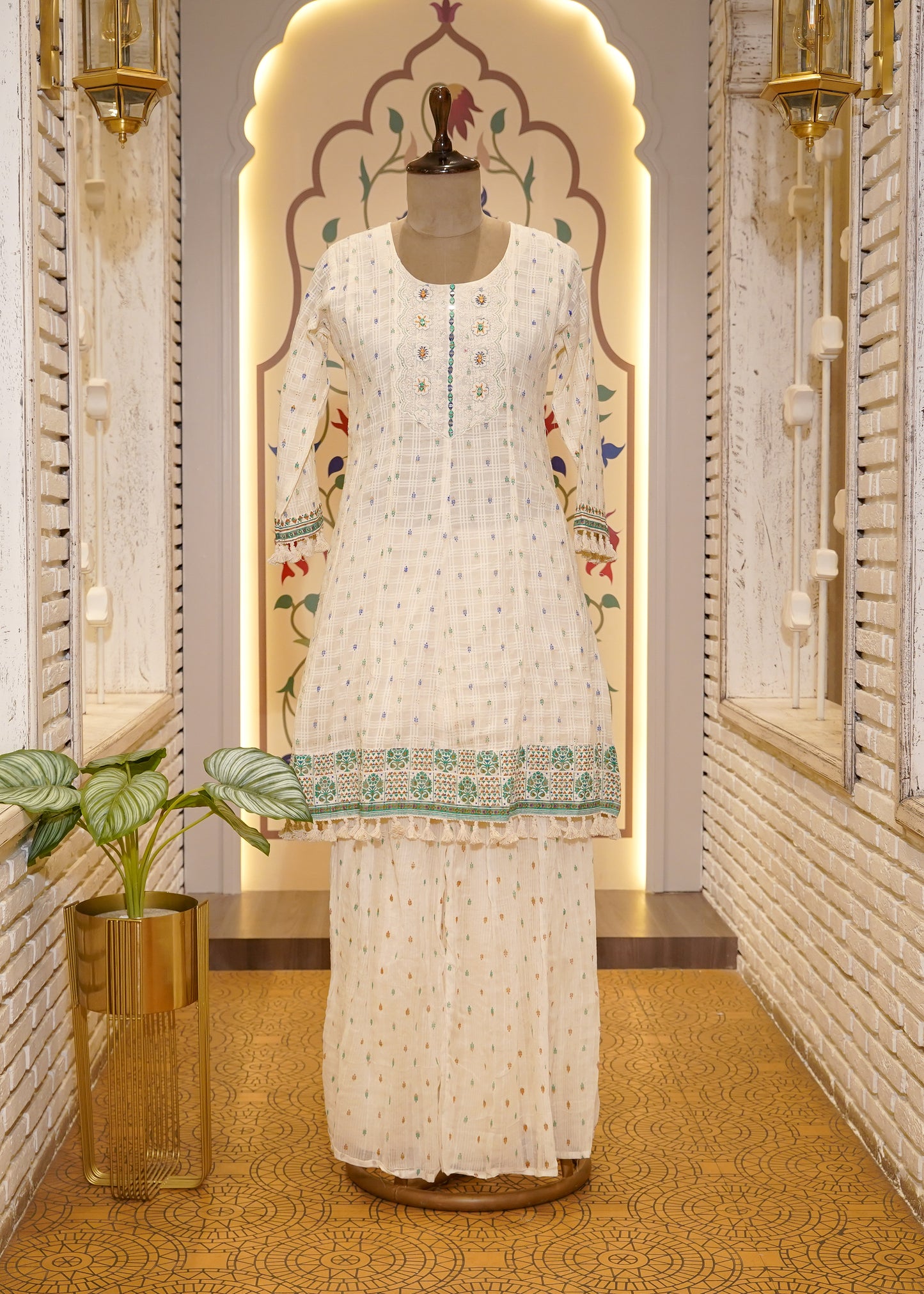 Ivory Thread Embroidered Short Shirt & Sharara 3 pc Kurti Set