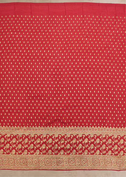 Red Booti Embroidered Dola Silk Saree with Unstitched Blouse