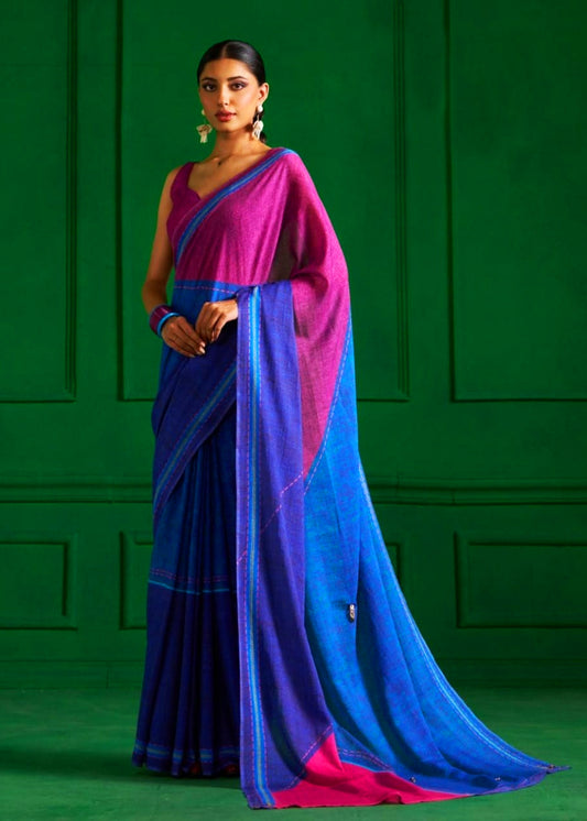 Yami Navy Blue Cotton Saree with Unstitched Blouse