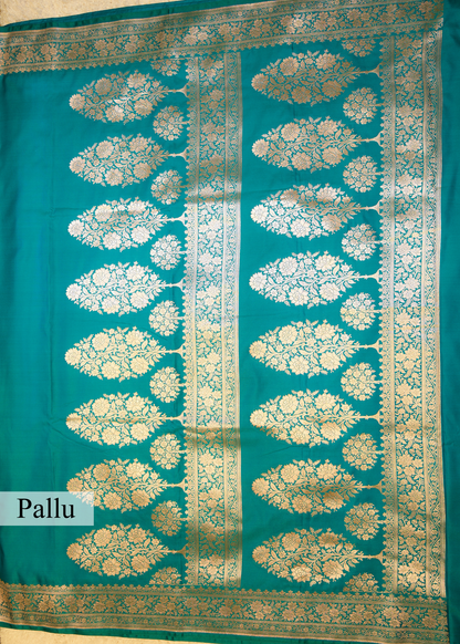 Sea Blue Banarasi Kattan Silk Zari Border with Unstitched Blouse