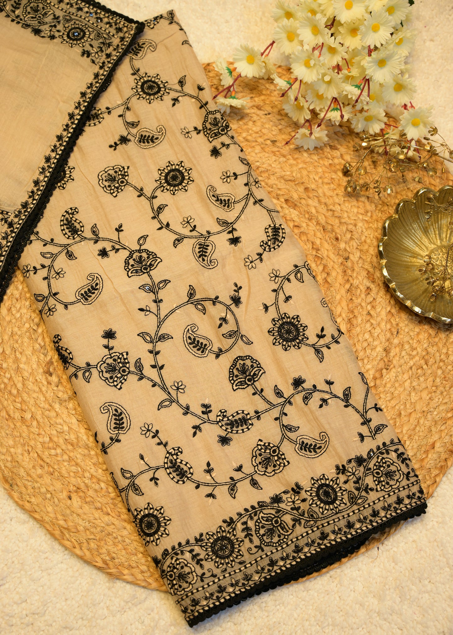 Zuri Black Aari Work Embroidered Unstitched Suit Set