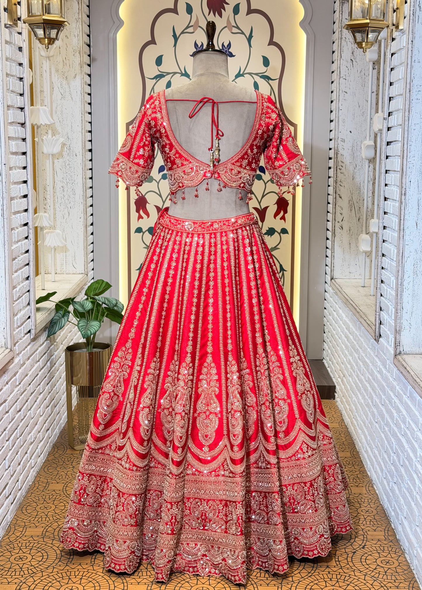 Red Bead Embroidered Kali Style Bridal Lehenga with Stitched Blouse & 2 Dupattas