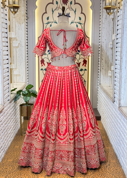 Red Bead Embroidered Kali Style Bridal Lehenga with Stitched Blouse & 2 Dupattas