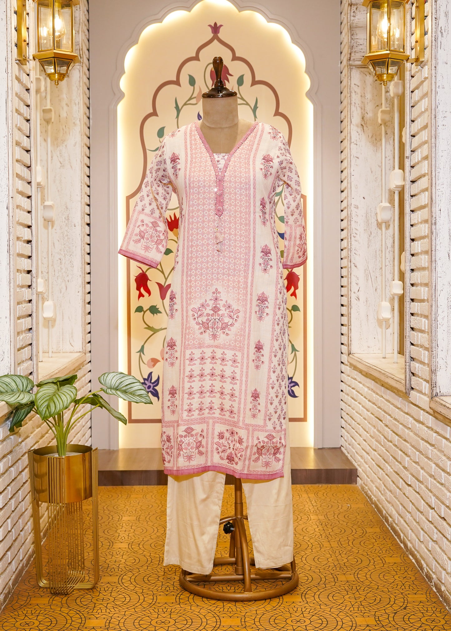 Ivory & Pink Cotton Printed 3 pc Kurti Set