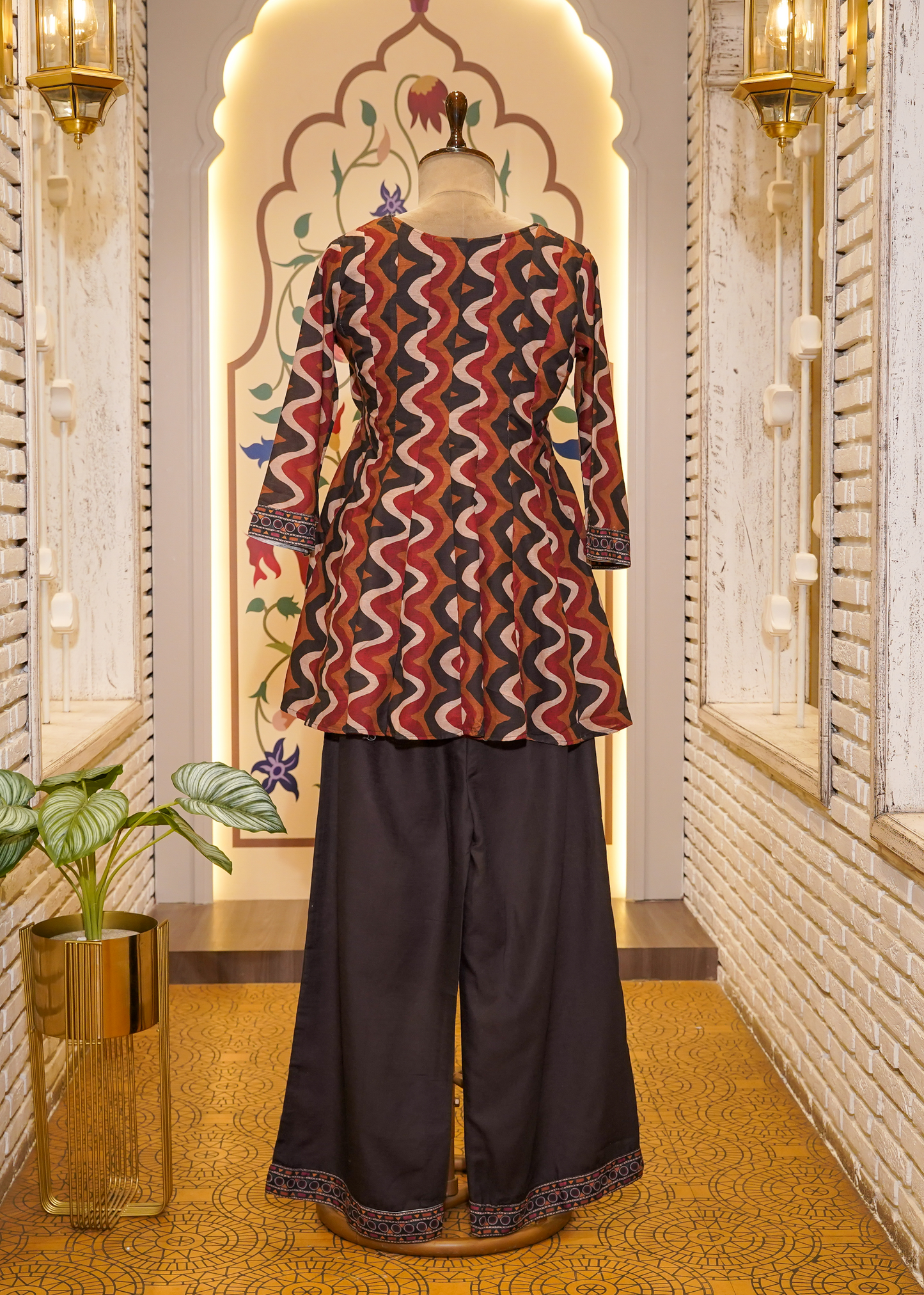 Brown & Red Printed Peplum with Pants Co-ord Set