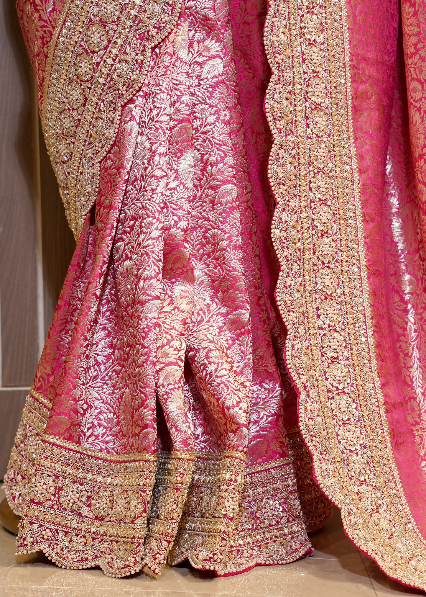 Rani Silk Bead Embroidered Border Saree with Unstitched Blouse