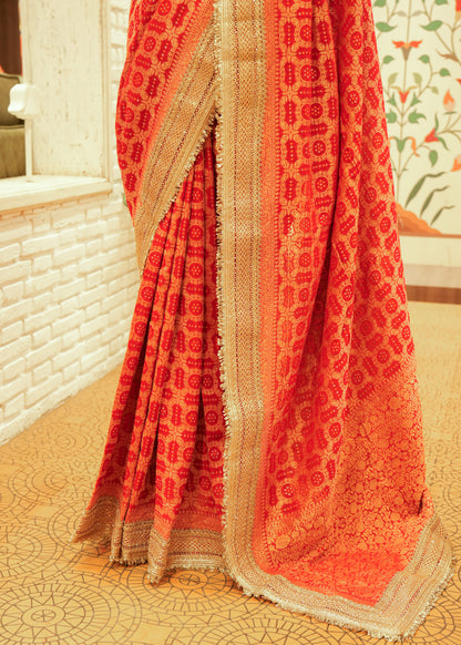 Aanya Fiery Orange-Red Bandhani Silk Saree with Stitched Blouse