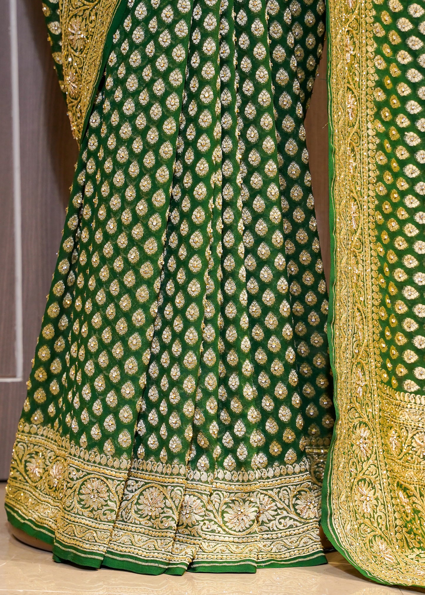 Bottle Green khadi Georgette Booti Saree with Zardozi Embroidery
