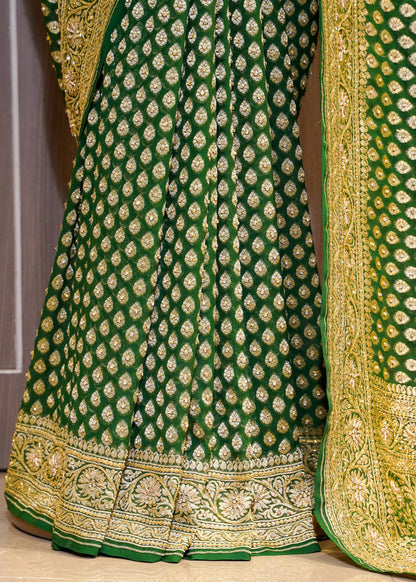Bottle Green khadi Georgette Booti Saree with Zardozi Embroidery