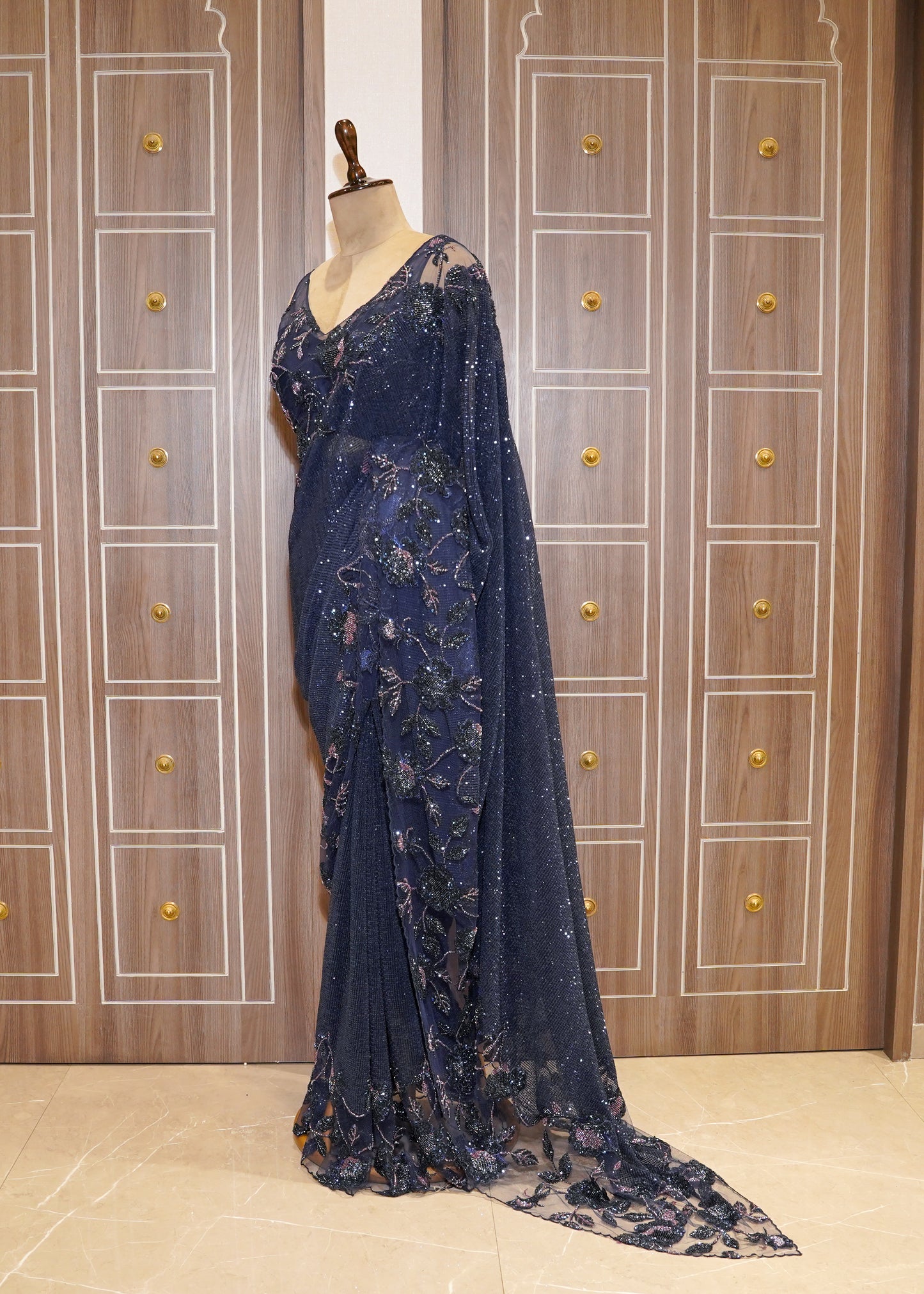 Midnight Blue Hand Embroidered Sequence Saree with Stitched Hand Embroidered Blouse