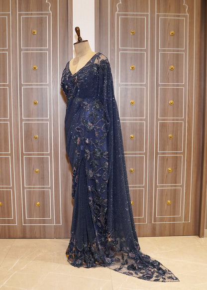 Midnight Blue Hand Embroidered Sequence Saree with Stitched Hand Embroidered Blouse