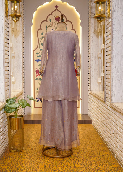 Lavender Tissue Hand Embellished Short Shirt & Sharara Co-ord Set