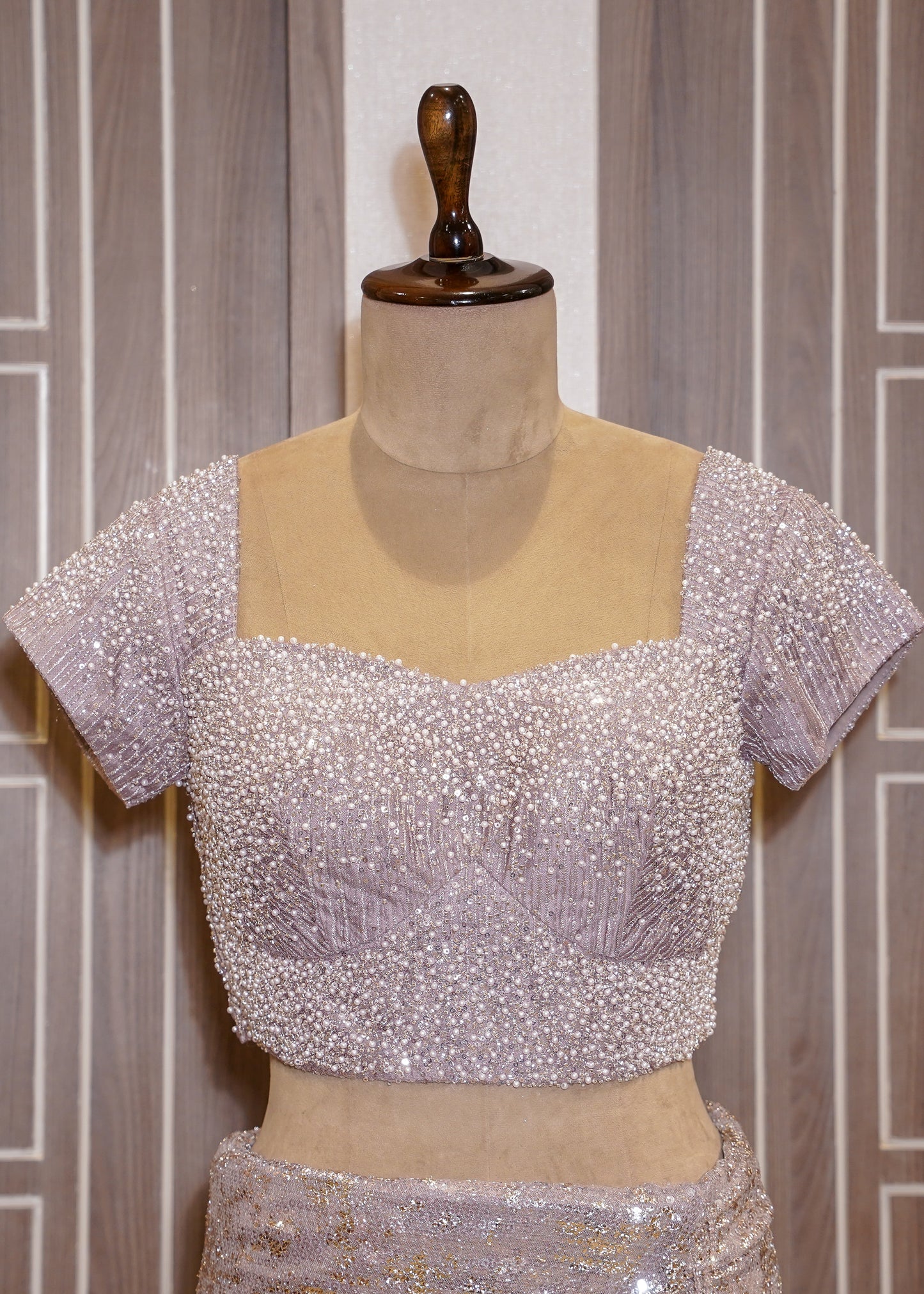 Lavender Sequence Saree with Hand Embroidered Pletes and Stitched Blouse