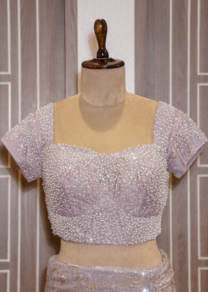 Lavender Sequence Saree with Hand Embroidered Pletes and Stitched Blouse