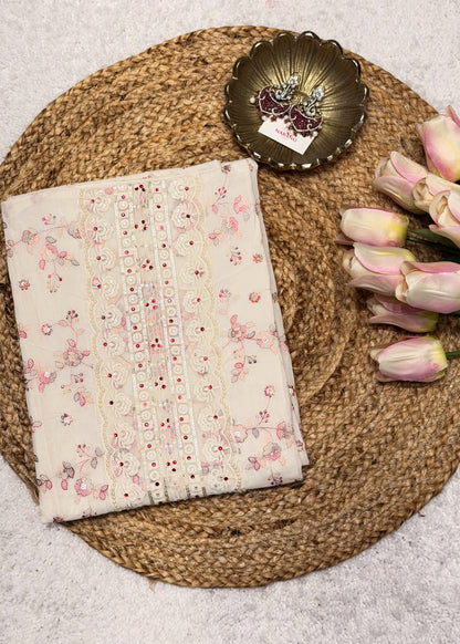 White & Pink Thread Embroidered Unstitched Suit Set