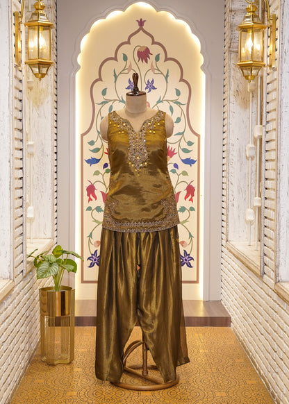 Mehendi Green Tissue Short Shirt with Farshi Salwar 3 pc Suit Set