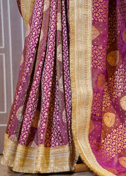 Wine Tissue Weaving Saree with Gota Lace and Unstitched Blouse