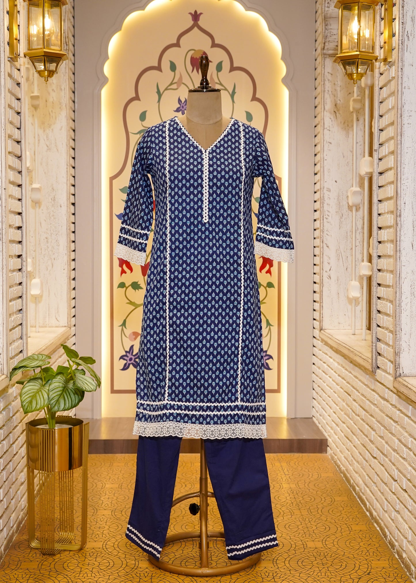 Blue Cotton Printed 3 pc Kurti Set with Lace Work