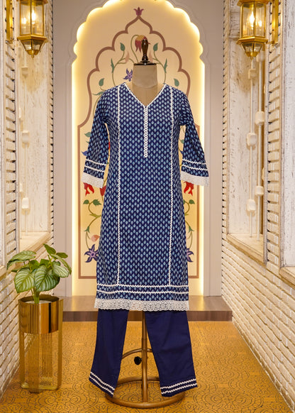 Blue Cotton Printed 3 pc Kurti Set with Lace Work