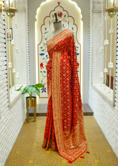 Nazini Red Satin Silk Jaal Saree with Unstitched Blouse