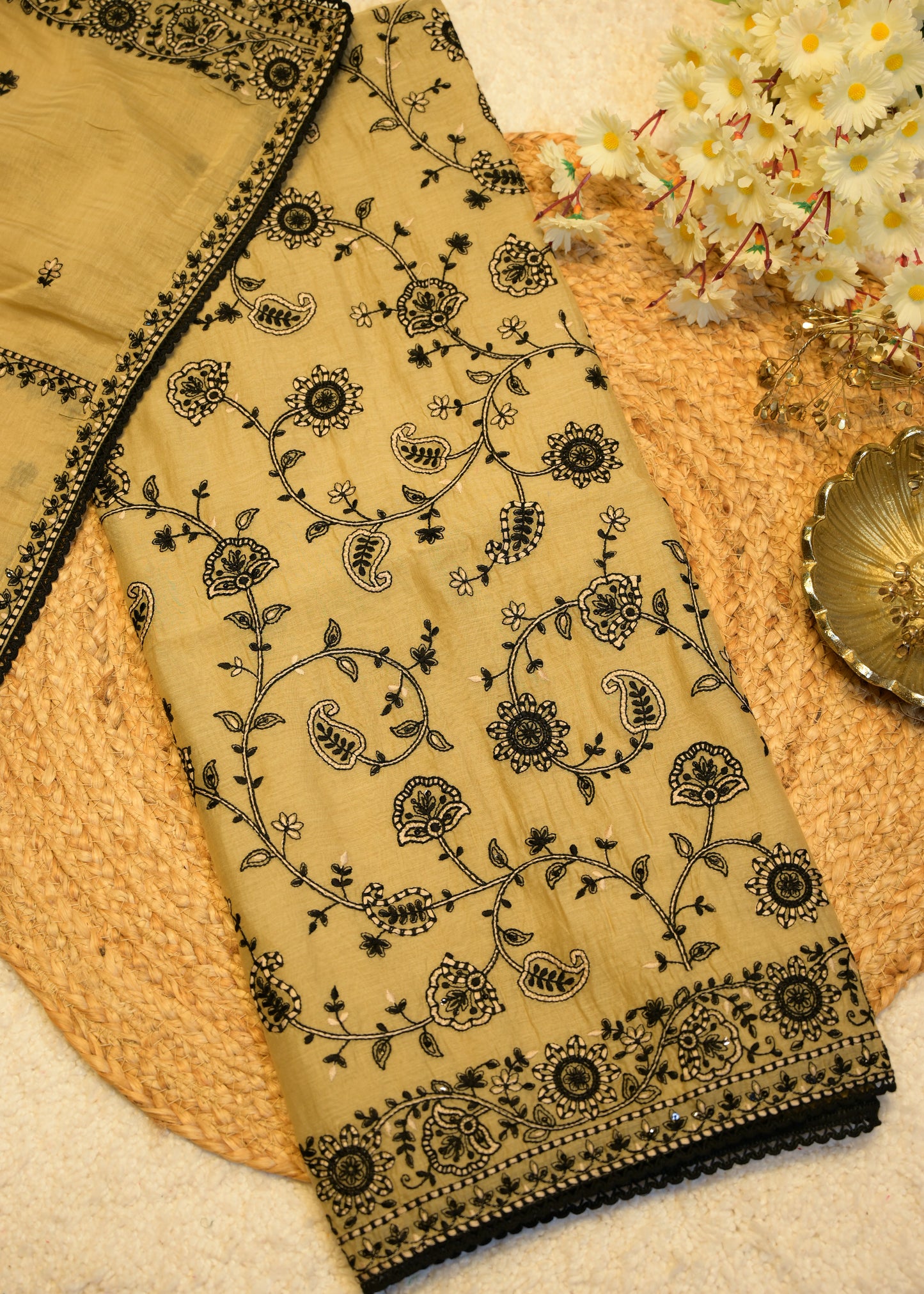 Tuba Beige & Black Aari Work Unstitched Suit Set