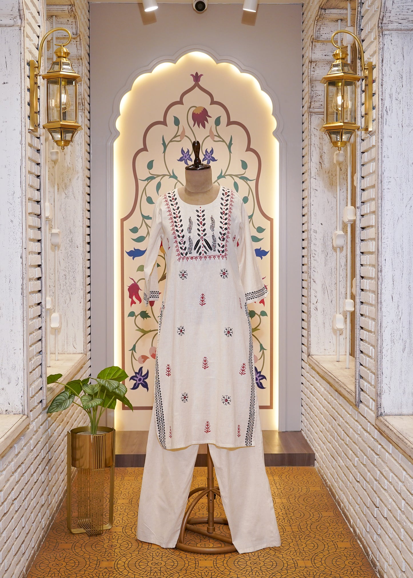 Cream Cotton Printed 3 pc Kurti Set