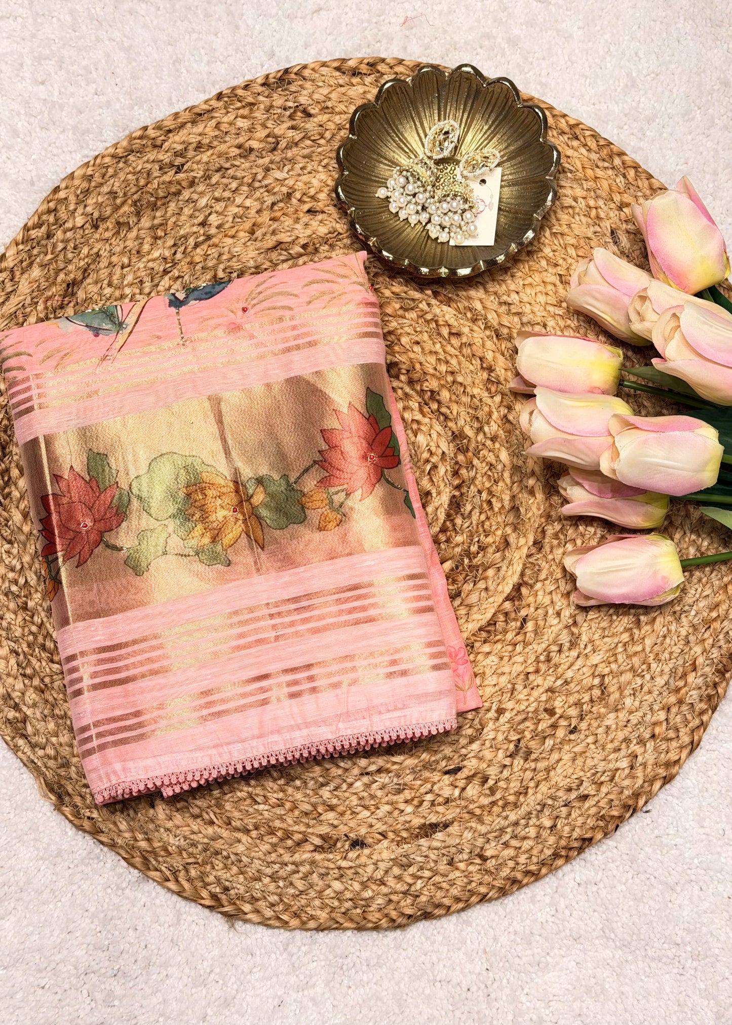 Pink Chanderi Floral Printed Unstitched Suit Set