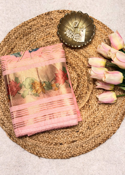 Pink Chanderi Floral Printed Unstitched Suit Set