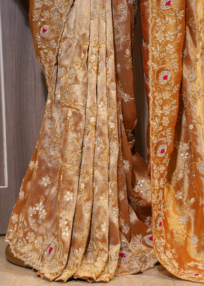 Golden Tissue Hand Embroidered Saree with Unstitched Blouse