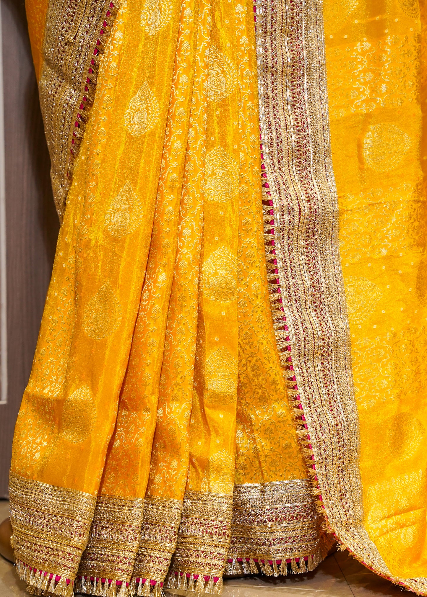 Yellow Tissue Weaving Saree with Gota Lace and Unstitched Blouse