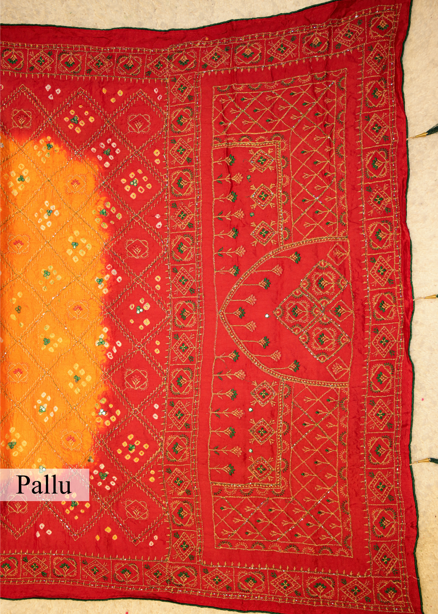 Red & Yellow Bhandhani Gajji Contrasting Saree with Unstitched Blouse