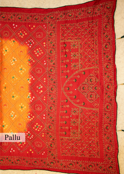 Red & Yellow Bhandhani Gajji Contrasting Saree with Unstitched Blouse