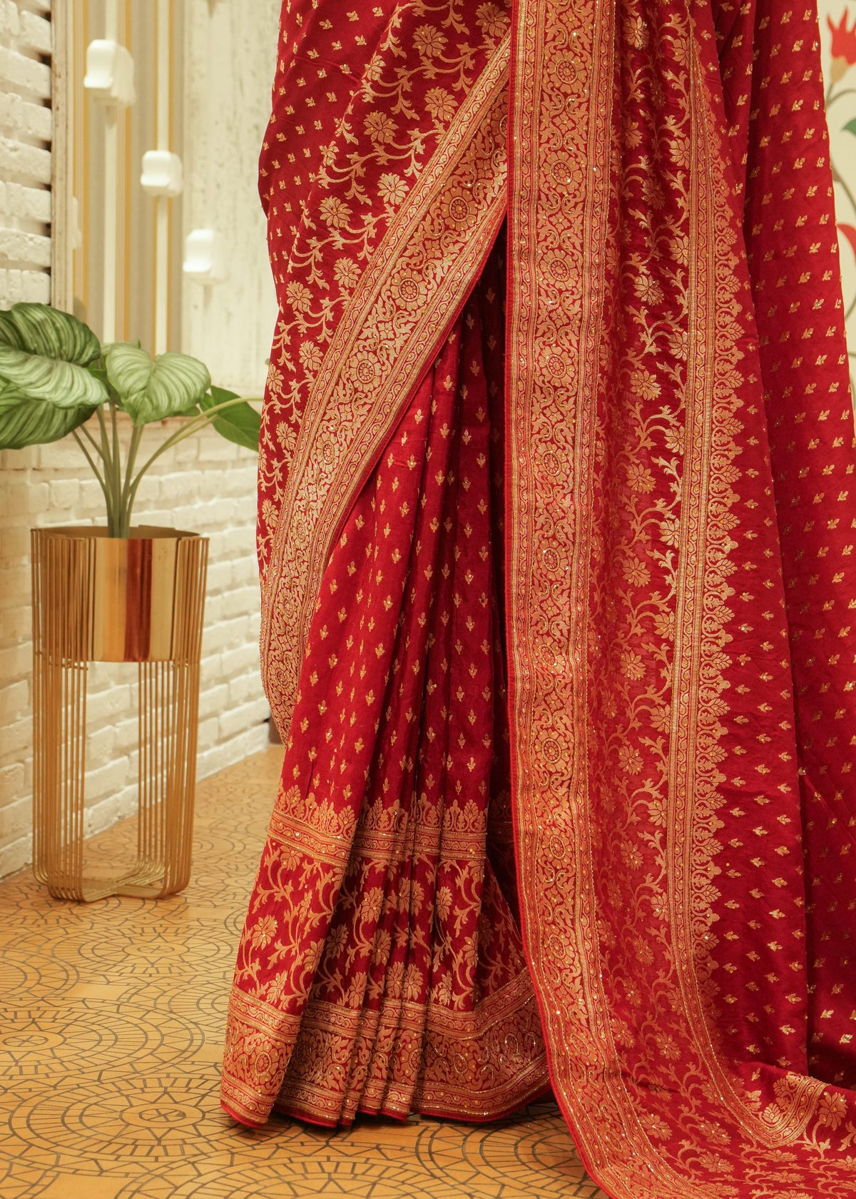 Ruhani Mehroon Booti Embroidered Dola Silk Saree with Unstitched Blouse