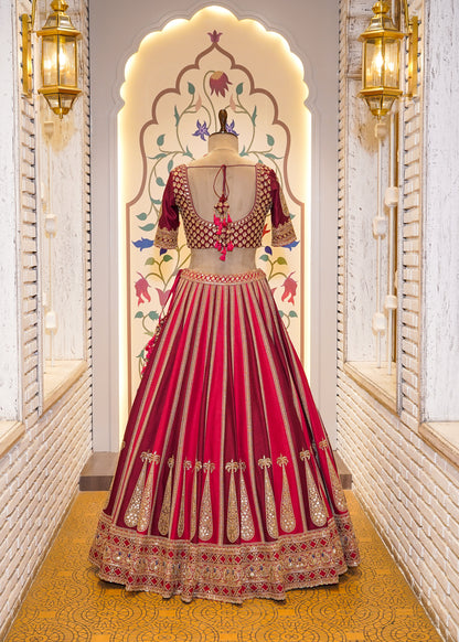 Royal Dual Tone Red & Deep Red Handcrafted Bridal Lehenga with 2 Dupattas